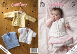 King Cole Pattern 3015 Crochet DK Sweater, V-necked Slipover & Short Sleeved Cardigan