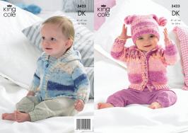 King Cole Pattern 3423 DK Babie's Hooded and Collared Cardigans & Hat