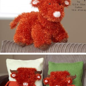 King Cole Pattern 9089 Tinsel Highland Cow & Cushion Covers Knitted in Tinsel Chunky & Dollymix DK