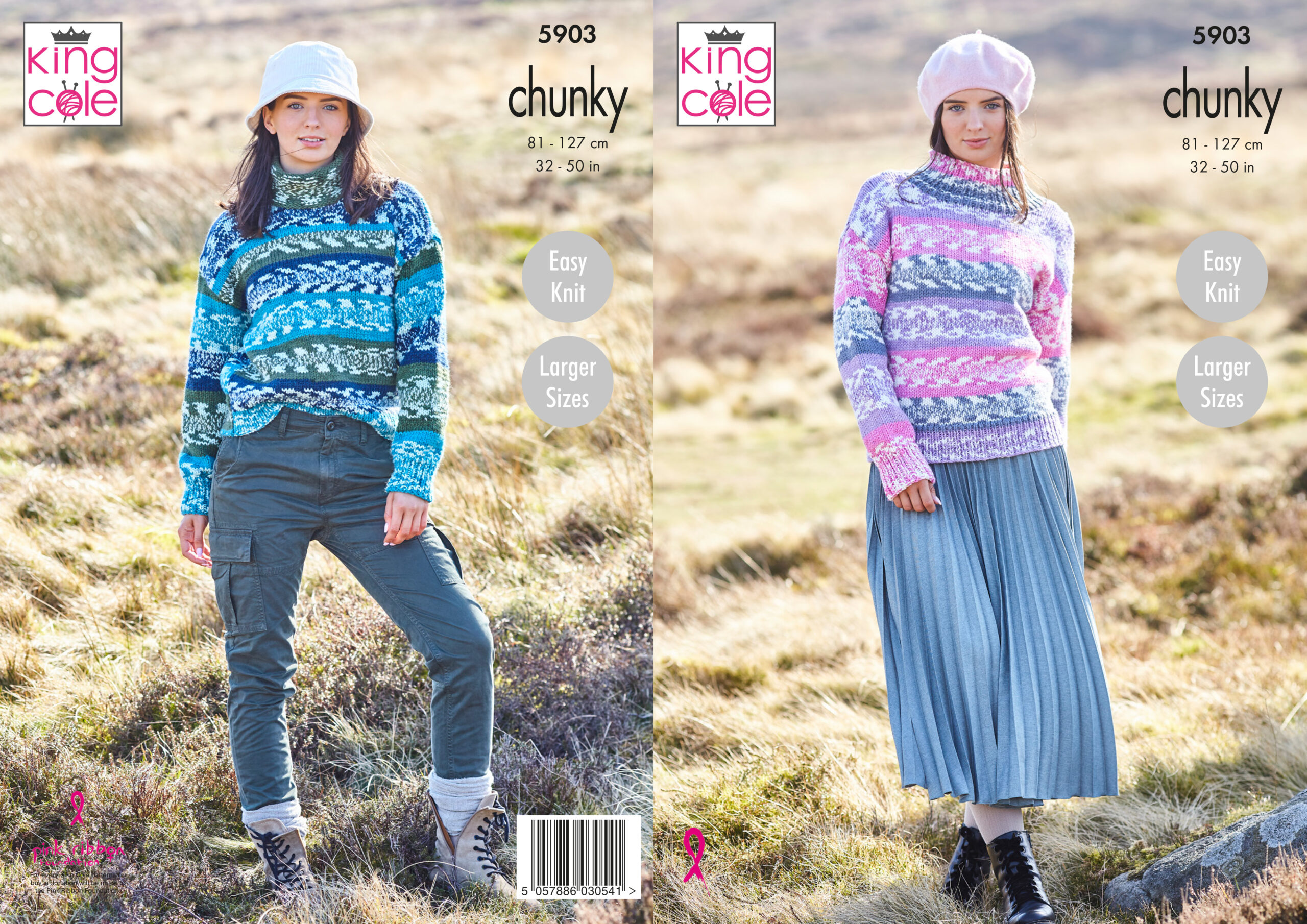 King Cole Pattern 5903 Ladies Roll & Round Neck Sweaters Knitted in Nordic Chunky
