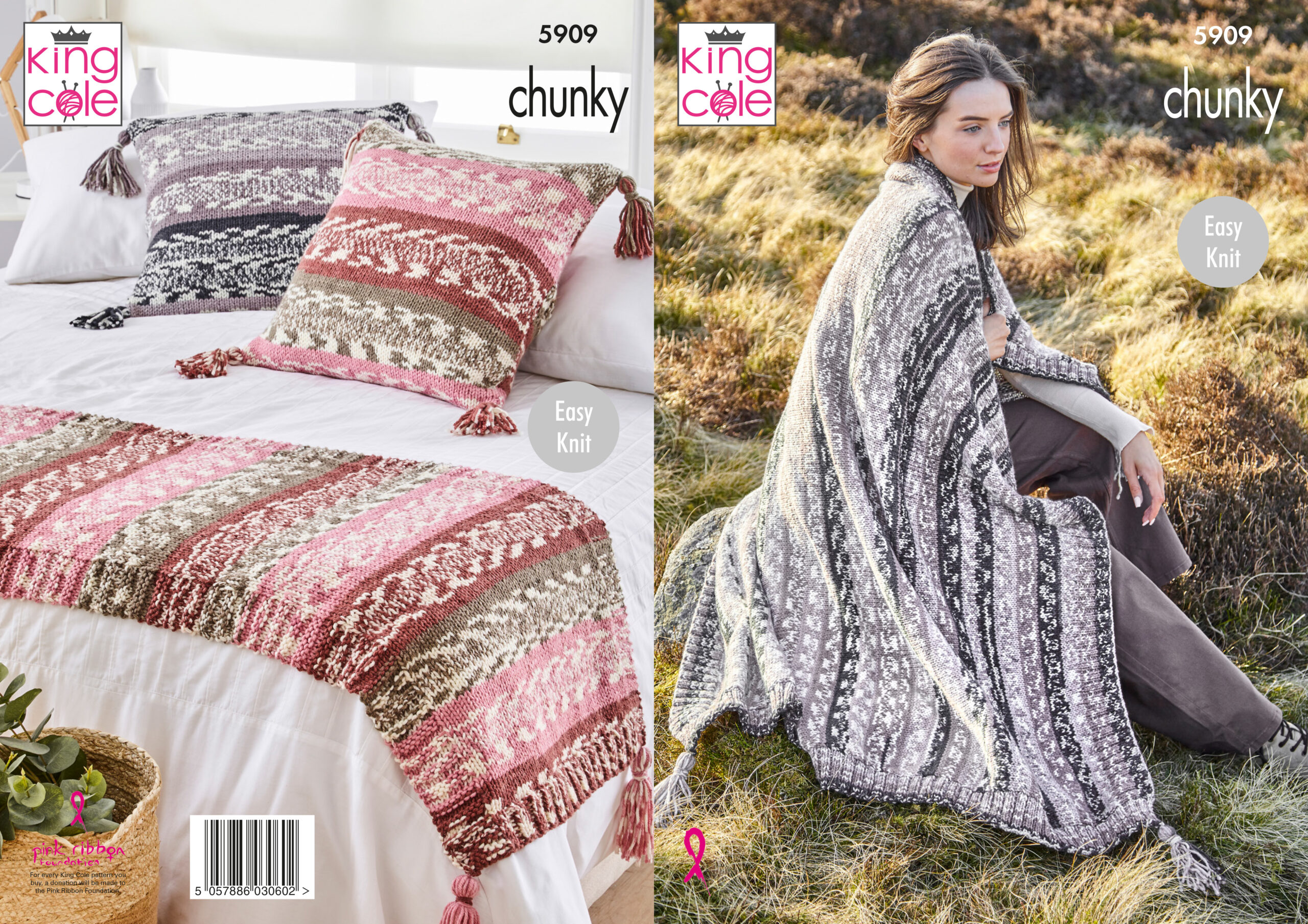 King Cole Pattern 5909 Blanket, Bed Runner & Cushion Cover Knitted in Nordic Chunky