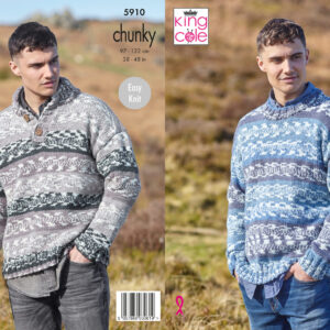 King Cole Pattern 5910 Mens Round and Stand Up Neck Sweaters Knitted in Nordic Chunky