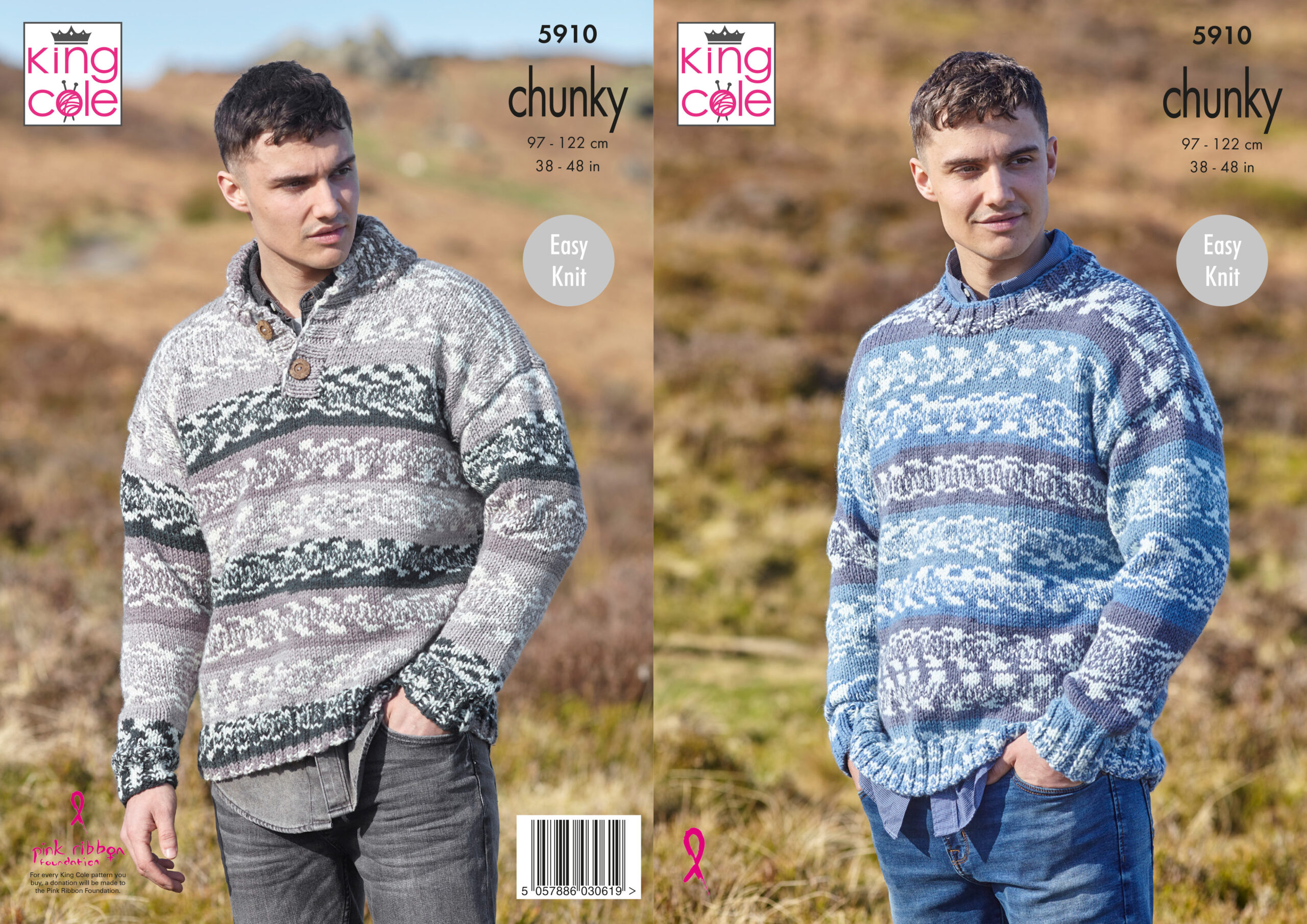 King Cole Pattern 5910 Mens Round and Stand Up Neck Sweaters Knitted in Nordic Chunky
